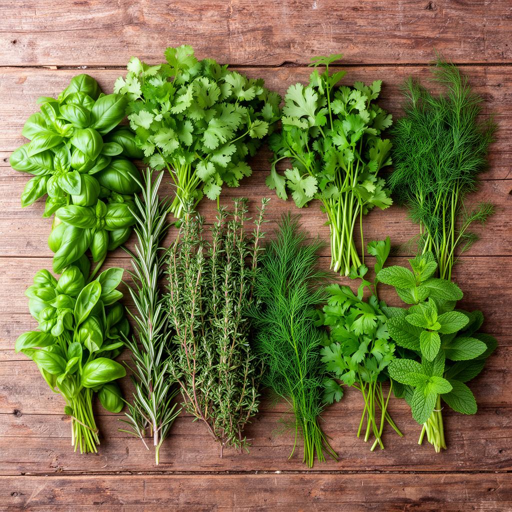 Fresh organic herbs arranged on a rustic wooden cutting board