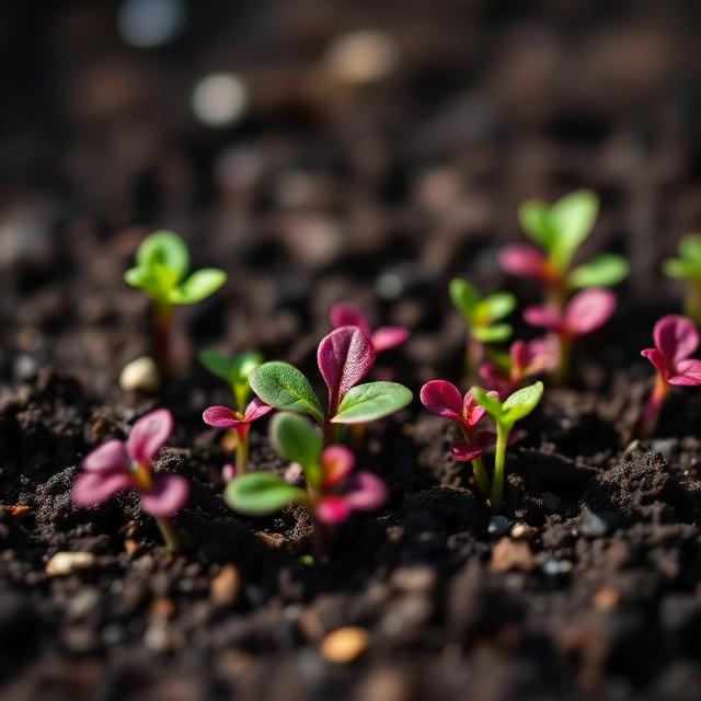 Close up of colorful organic micro greens sprouting from rich soil